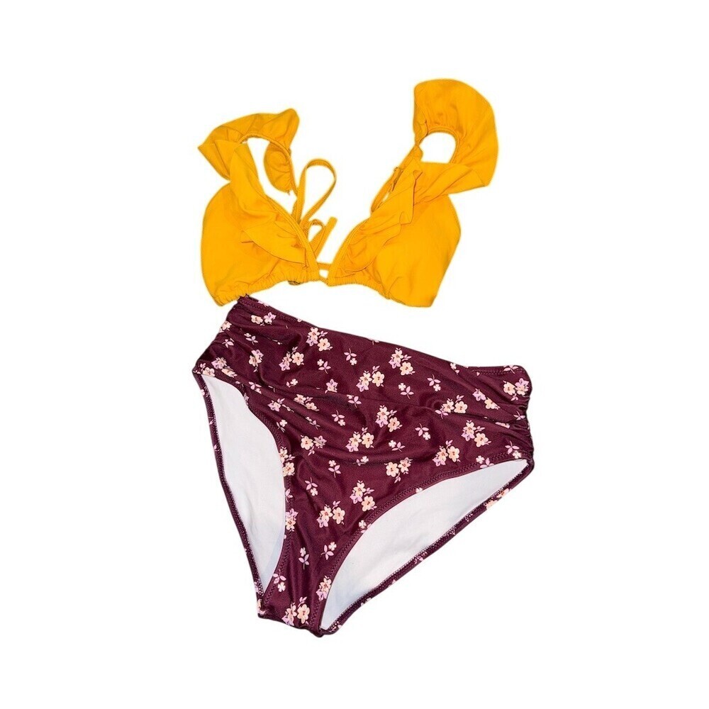 Bikini Set Womens Size S Yellow Ruffle Tie-Back Top Floral